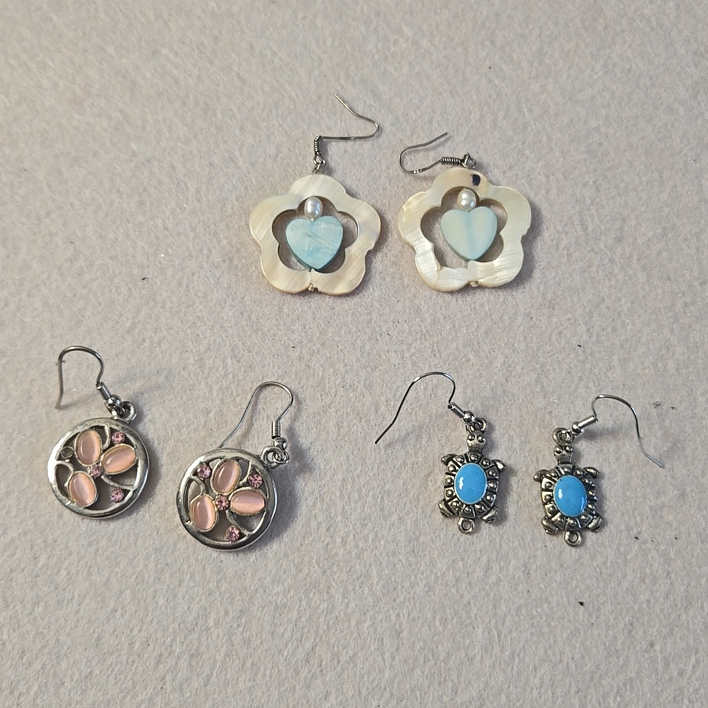 Turtles W/Blue Stone, Floral Blue Shell & Heart & Pink Floral Earrings- Set 3